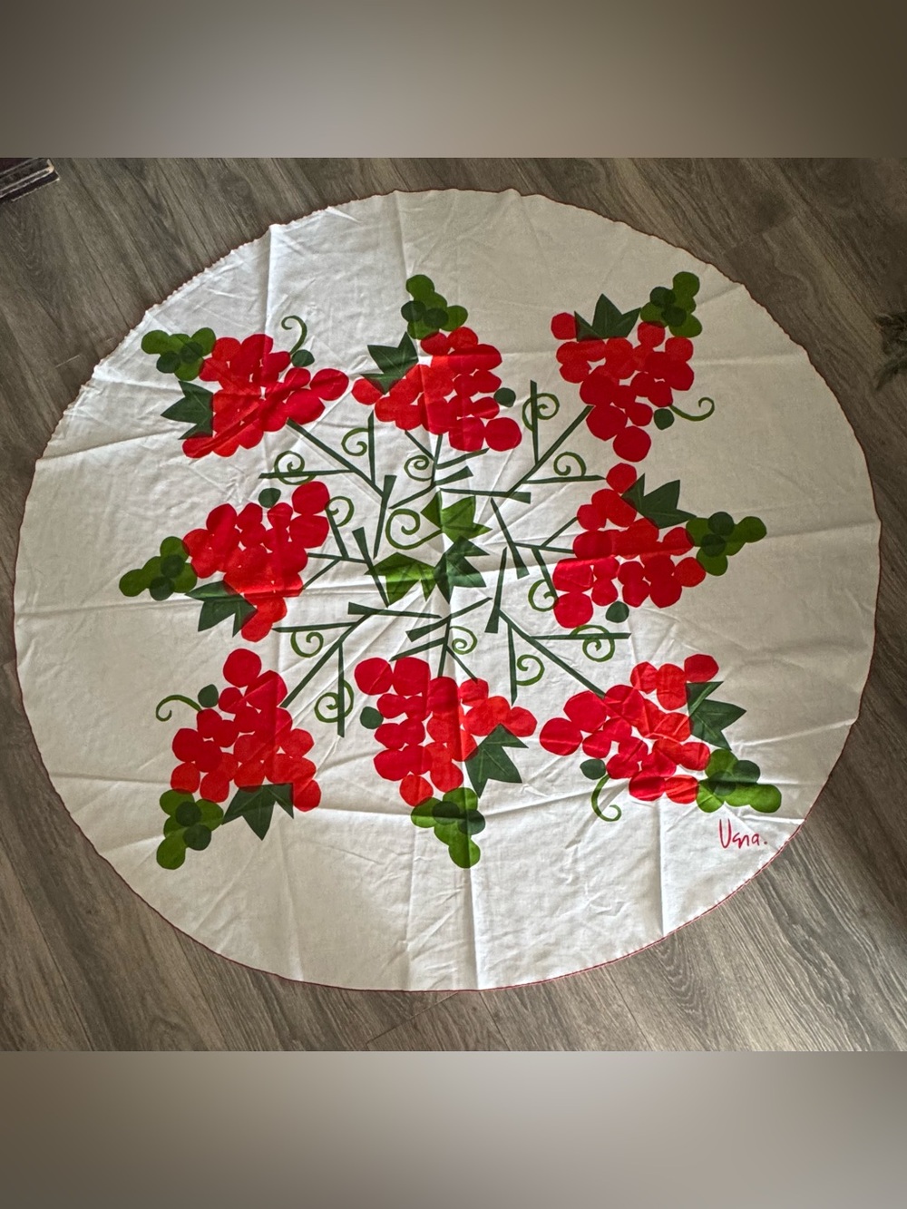 Vintage 56” Round Vera Neumann Red Grape/White Ted Trim Table Cloth Cottagecore